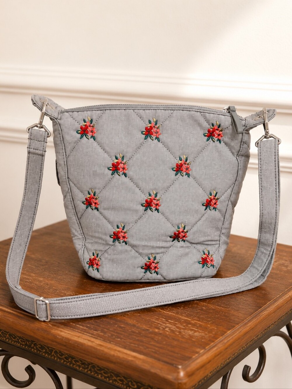 Vera Bradley Quilted Gray Crossbody with Red Floral Embroidery